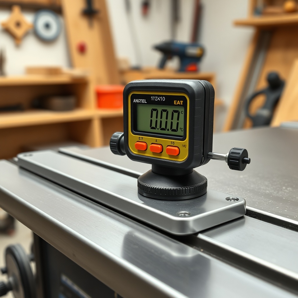 <clean photorealistic photo of a digital angle finder sitting on a table saw miter slot wi