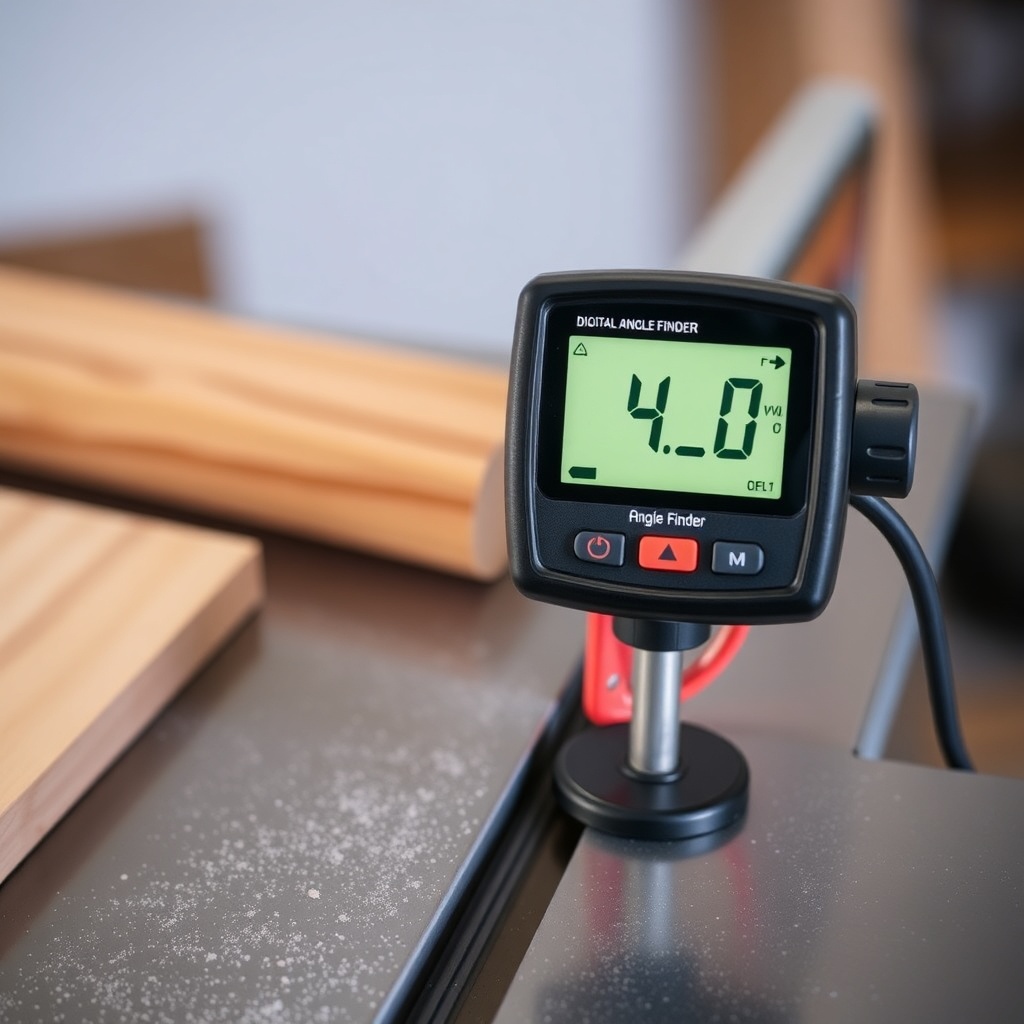 <clean photorealistic photo of a digital angle finder attached to a miter gauge on a table