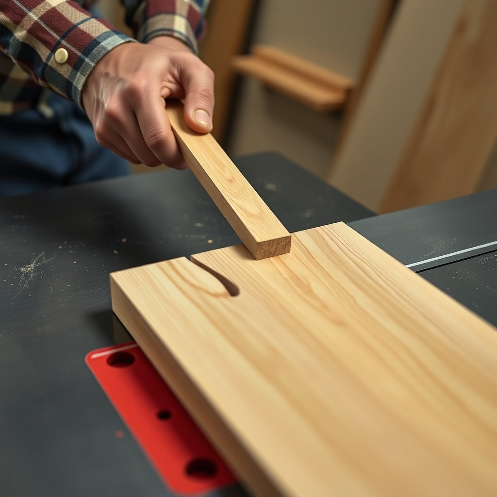 <clean photorealistic photo of a woodworker's hands using a push stick on a table saw