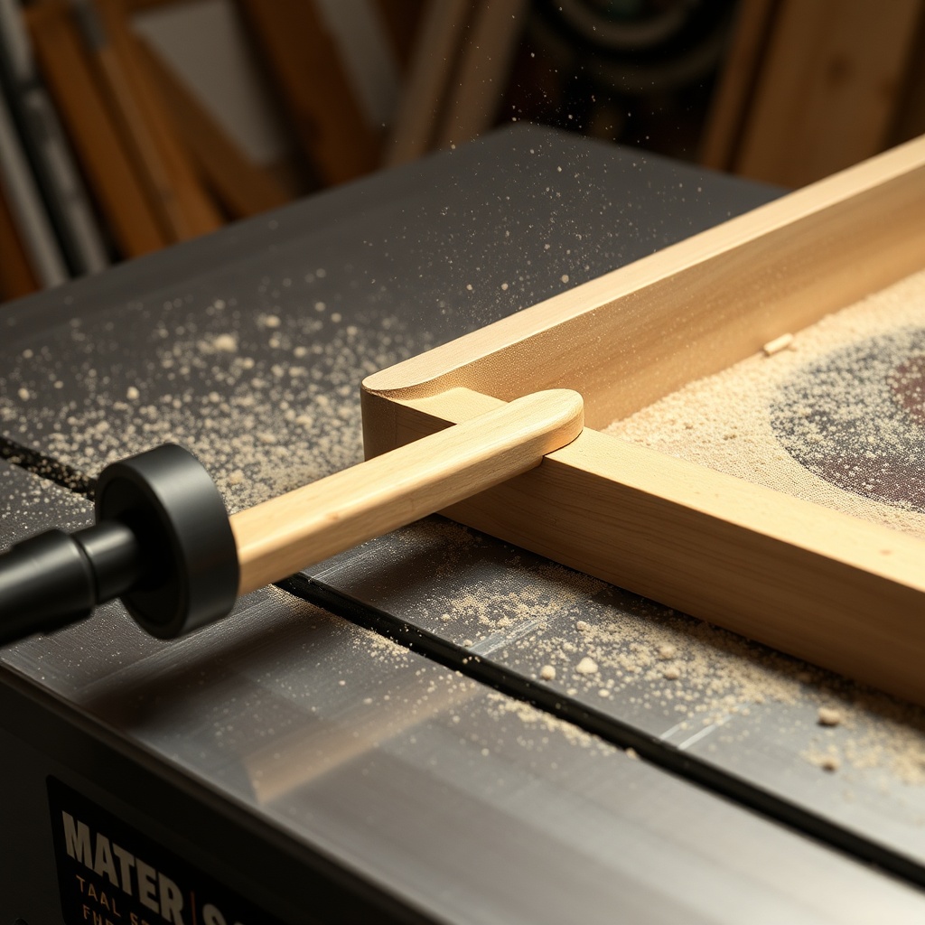 <clean photorealistic photo of a push stick being used on a table saw during a rip cut