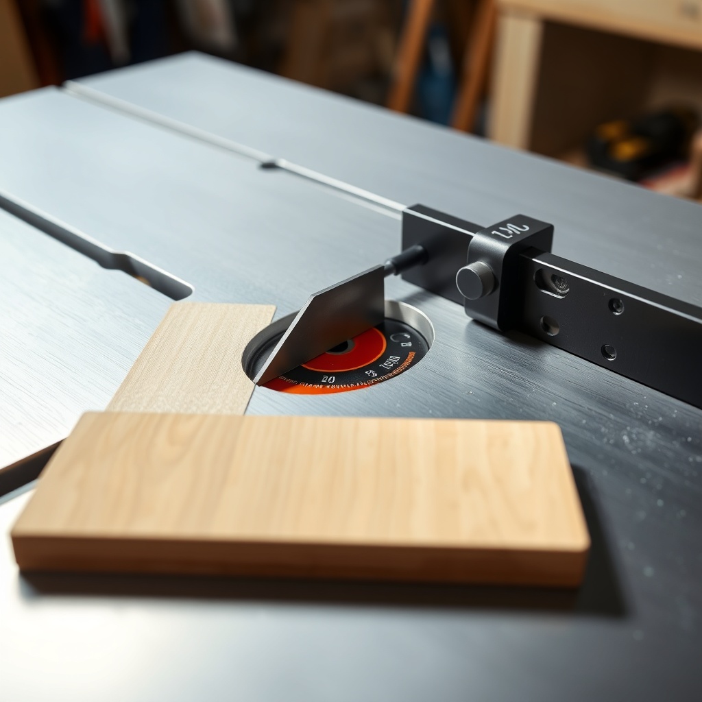 A clean photorealistic photo of a table saw with a zero-clearance insert installed